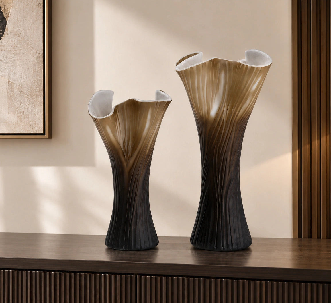 Textured glass decorative vase with ribbed design and ivory edge in two sizes
