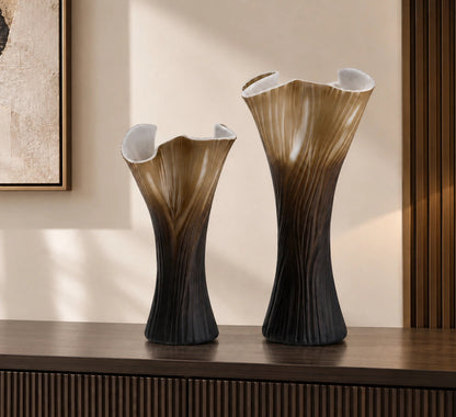 Textured glass decorative vase with ribbed design and ivory edge in two sizes
