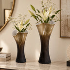 Textured glass decorative vase with ribbed design and ivory edge in two sizes