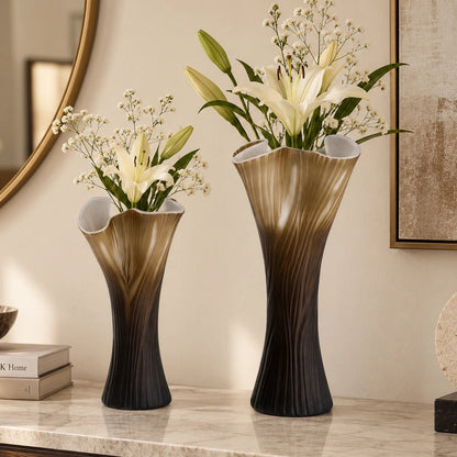 Textured glass decorative vase with ribbed design and ivory edge in two sizes