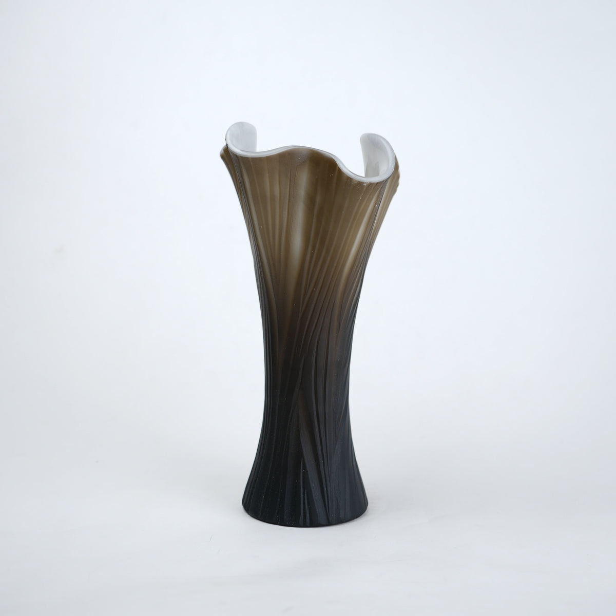 Textured glass decorative vase with ribbed design and ivory edge in two sizes