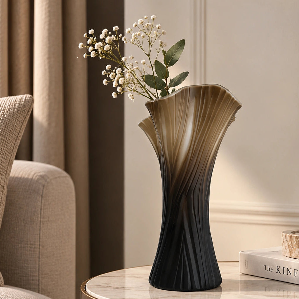Textured glass decorative vase with ribbed design and ivory edge in two sizes
