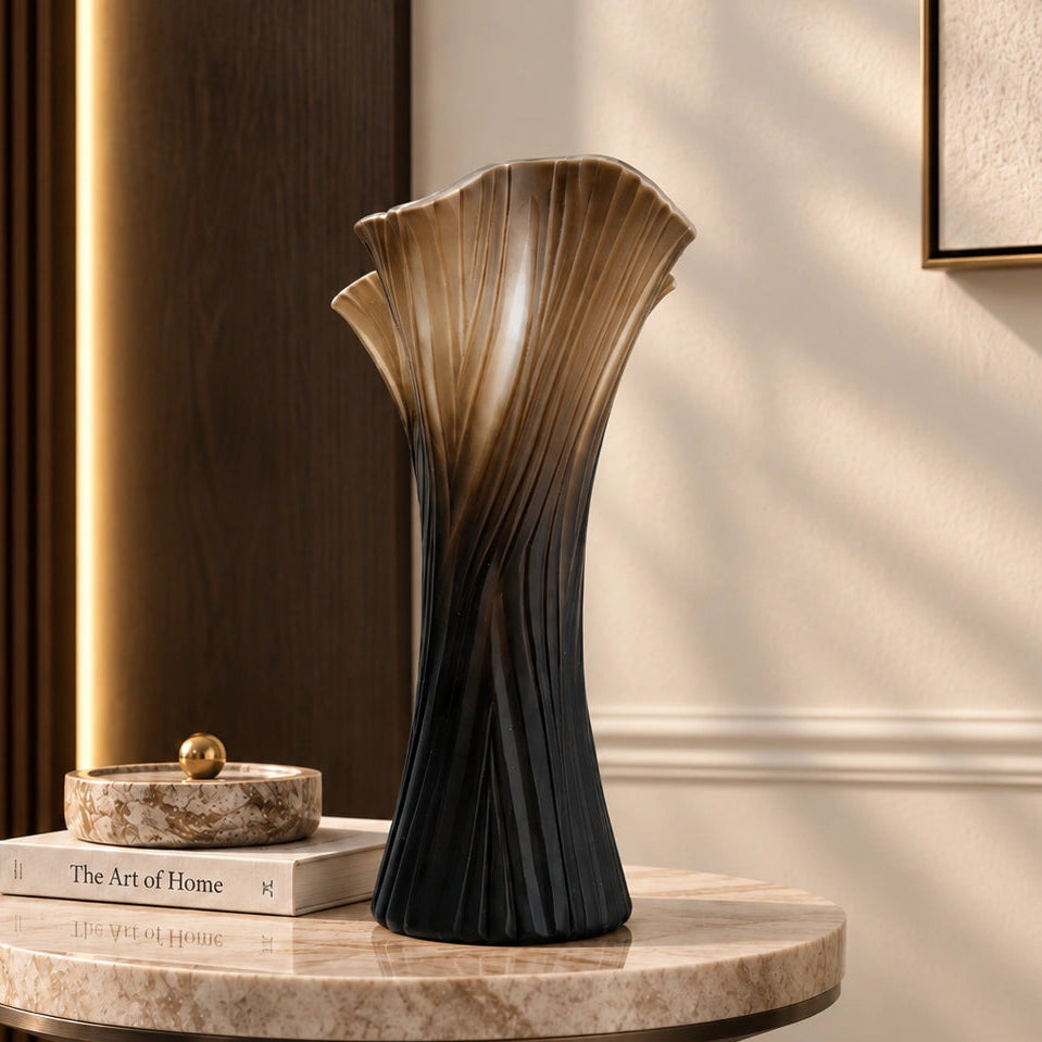 Textured glass decorative vase with ribbed design and ivory edge in two sizes
