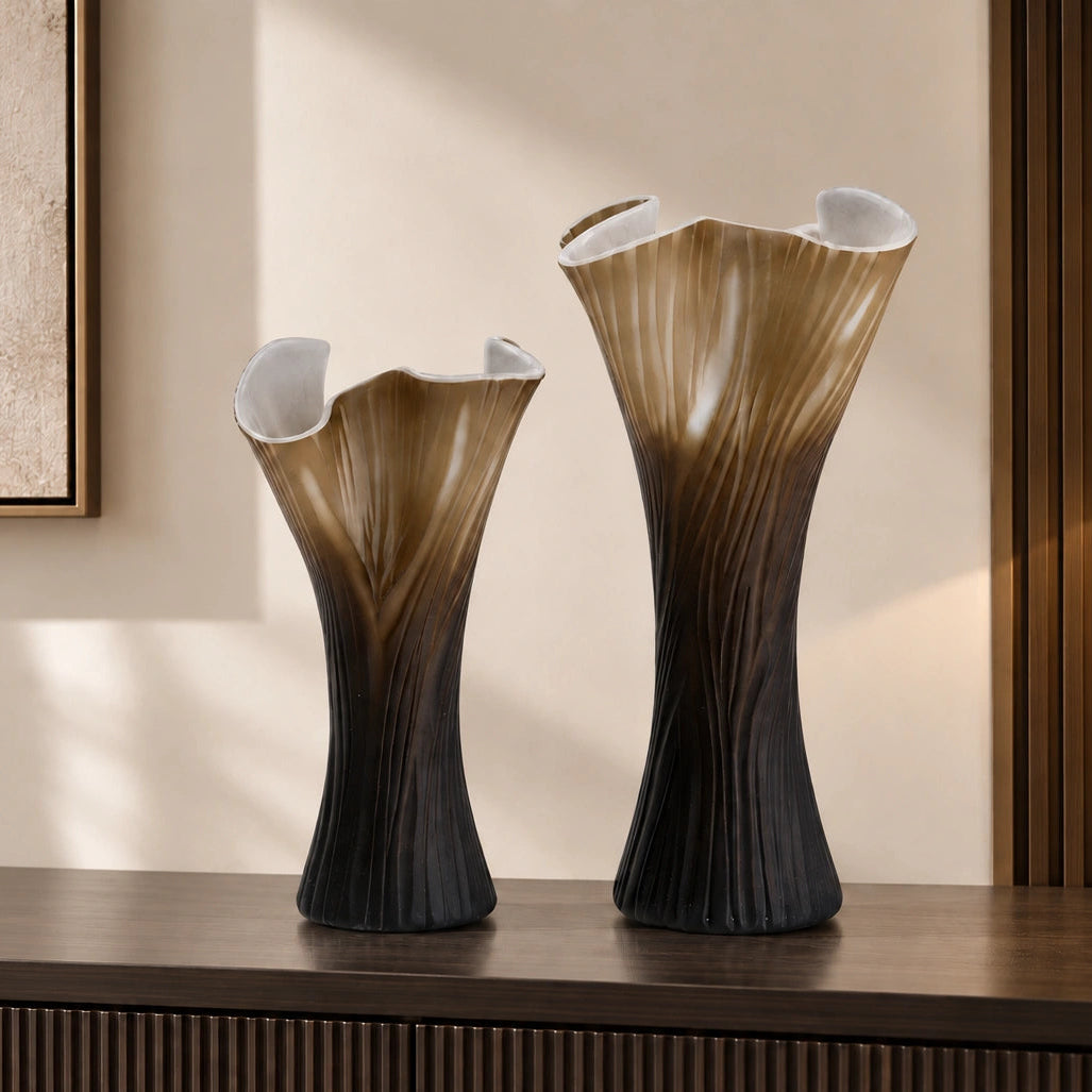 Textured glass decorative vase with ribbed design and ivory edge in two sizes