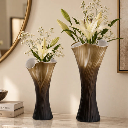 Textured glass decorative vase with ribbed design and ivory edge in two sizes