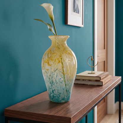Rounded decorative vase with a narrow neck and marbled finish.