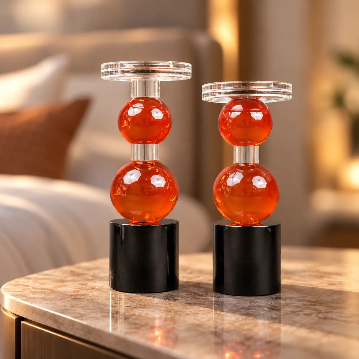 amber glass orb candle holder with black base modern decor