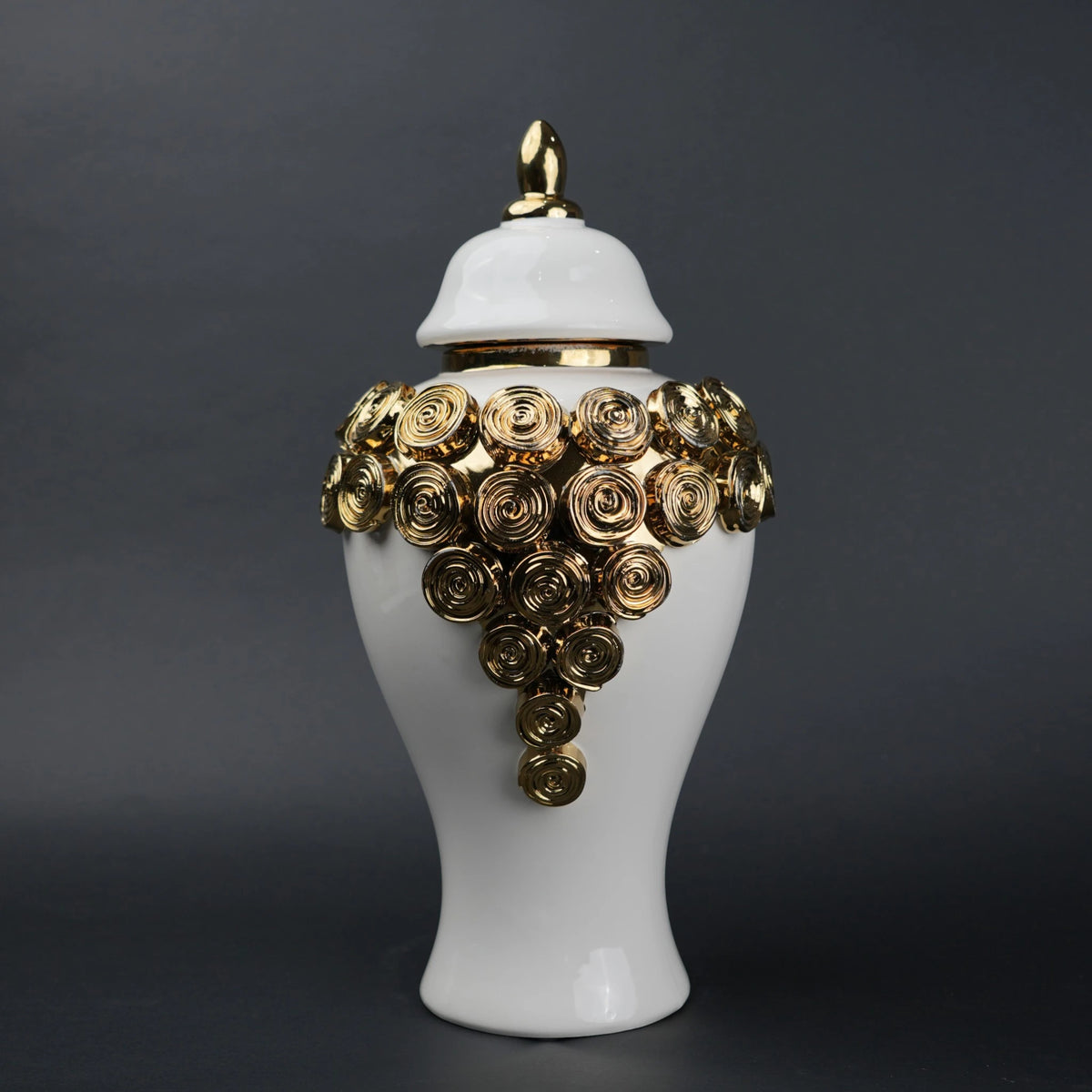 White ceramic jar with gold textured detailing decorative jar with lid for modern home decor