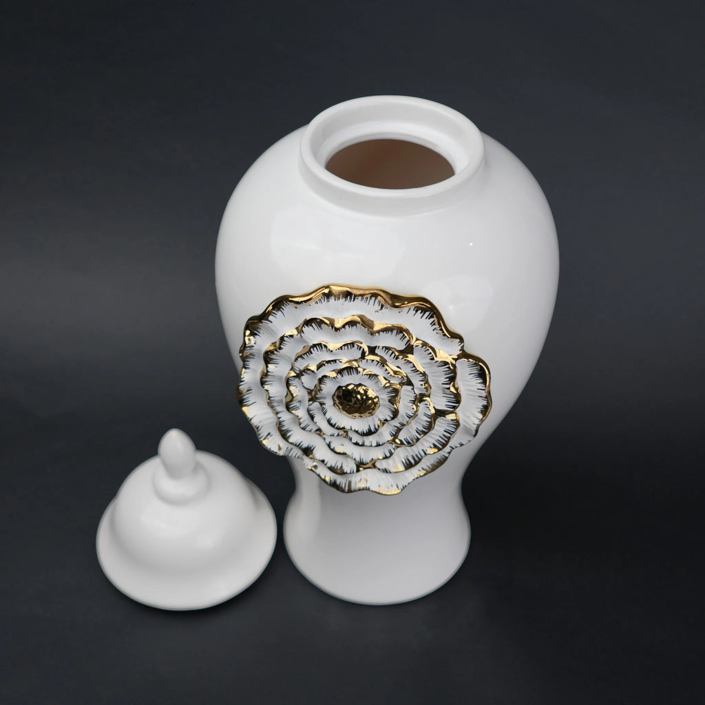 White ceramic jar with gold floral detail decorative jar with lid for modern home decor styling