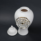 White ceramic jar with gold floral detail decorative jar with lid for modern home decor styling