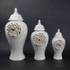 White ceramic jar with gold floral detail decorative jar with lid for modern home decor styling