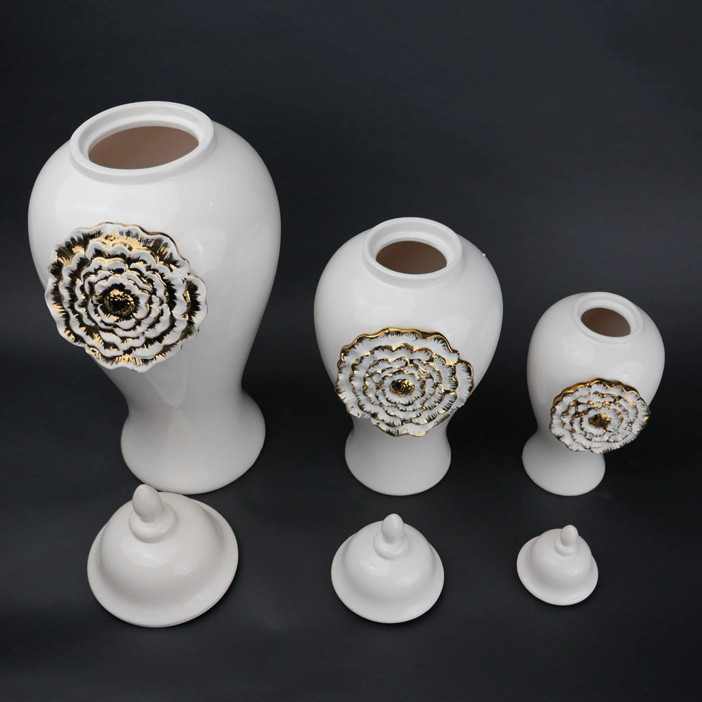 White ceramic jar with gold floral detail decorative jar with lid for modern home decor styling
