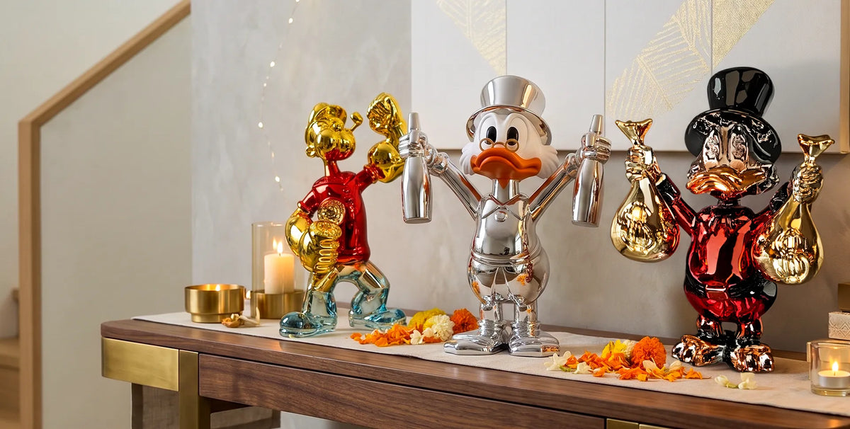 Colourful character figurines and statement decor styled for festive home interiors