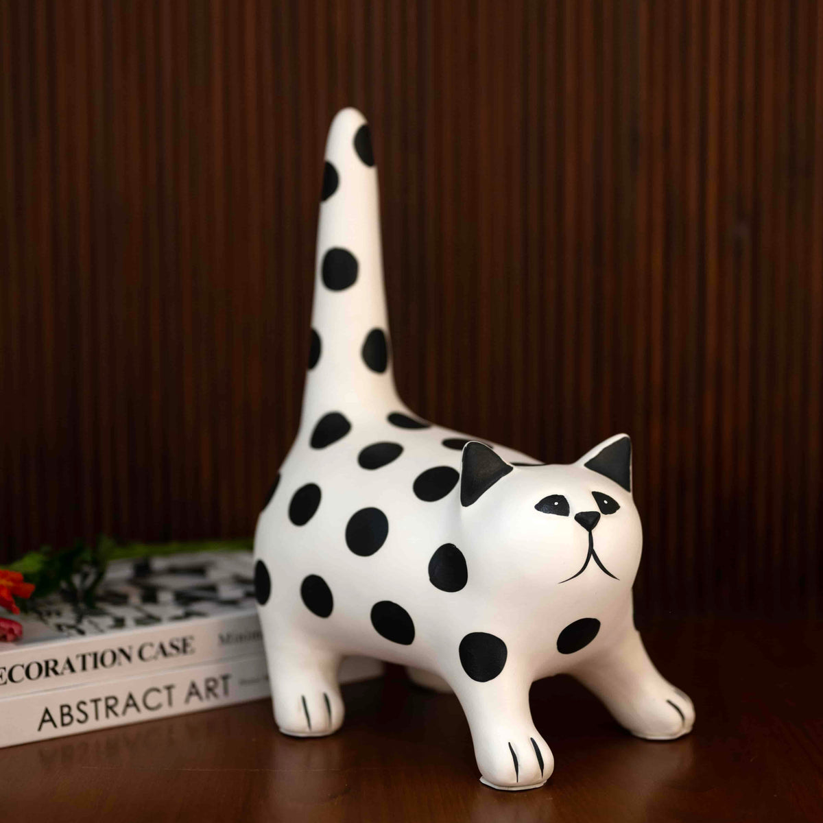 Black and white polka dot cat figurine for modern home decor