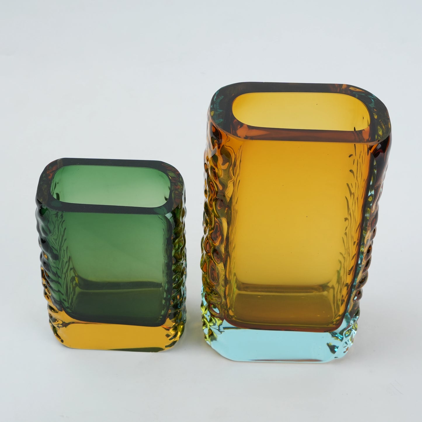 Two prism block vases w/ aqua bases scale