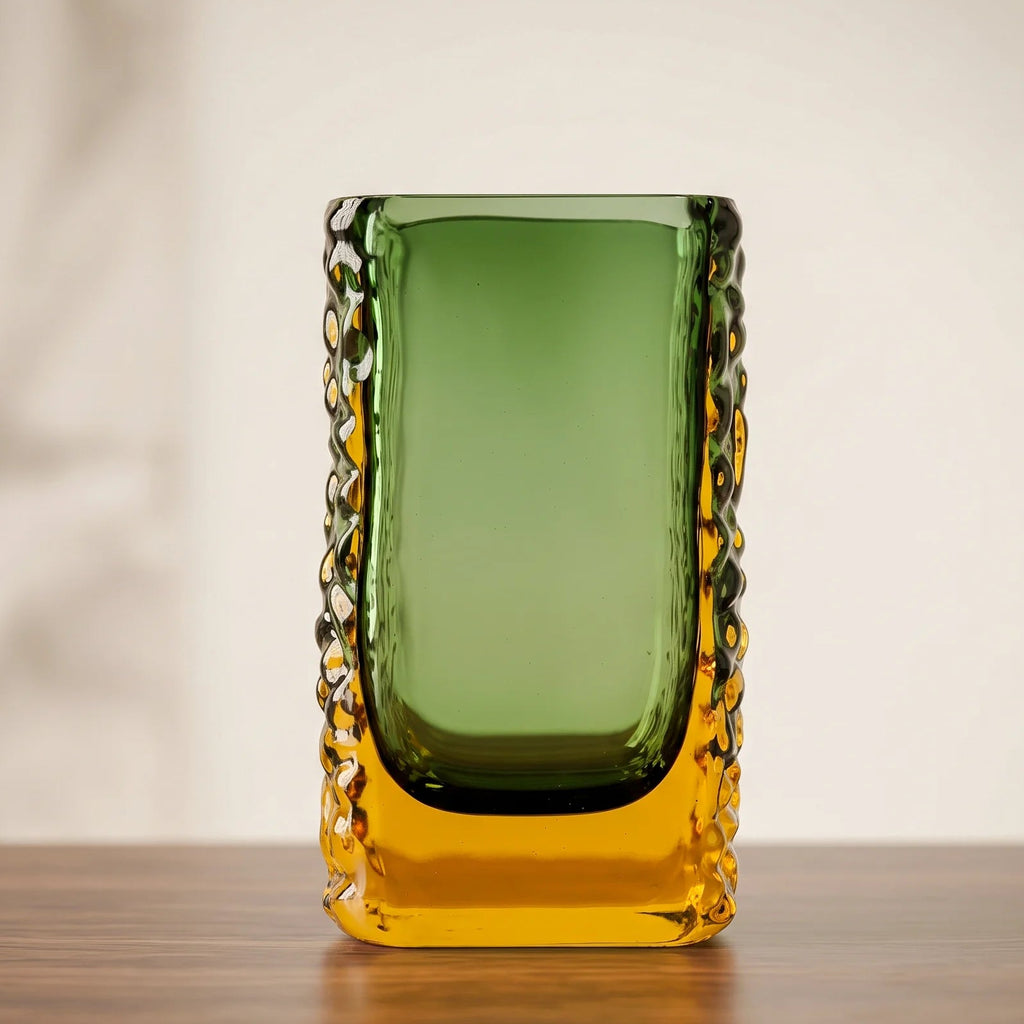 Sunset Gold textured glass vase with a translucent golden body and blue-tinted base