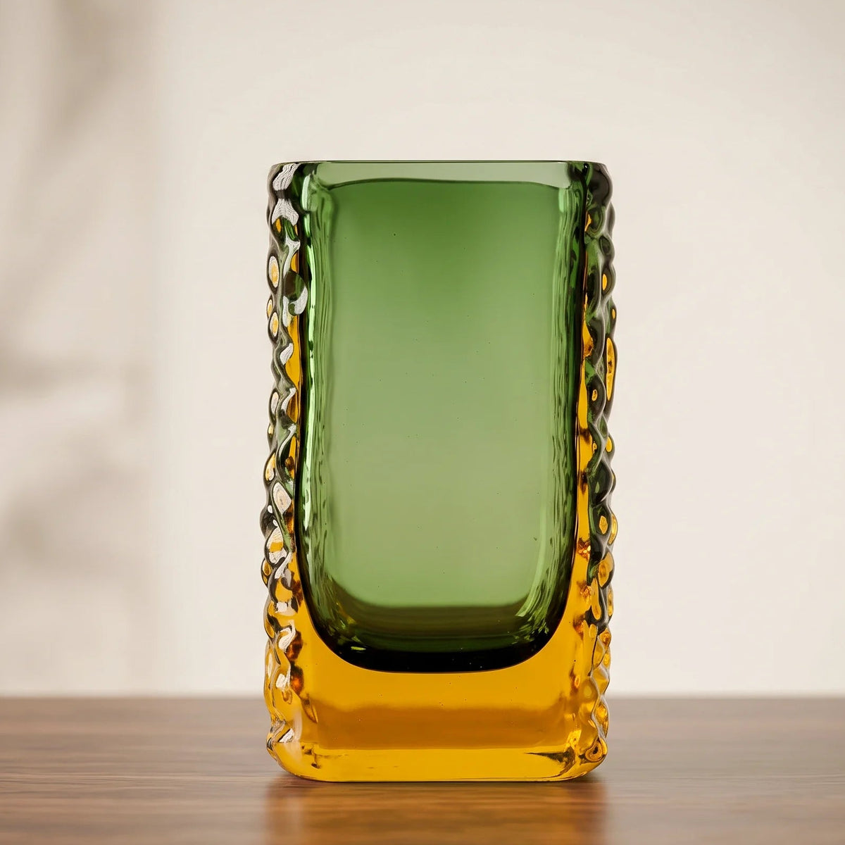 Sunset Gold textured glass vase with a translucent golden body and blue-tinted base