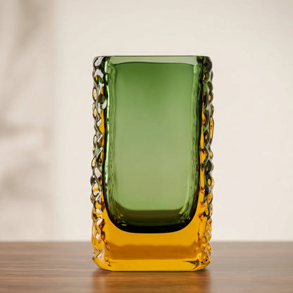 Sunset Gold textured glass vase with a translucent golden body and blue-tinted base