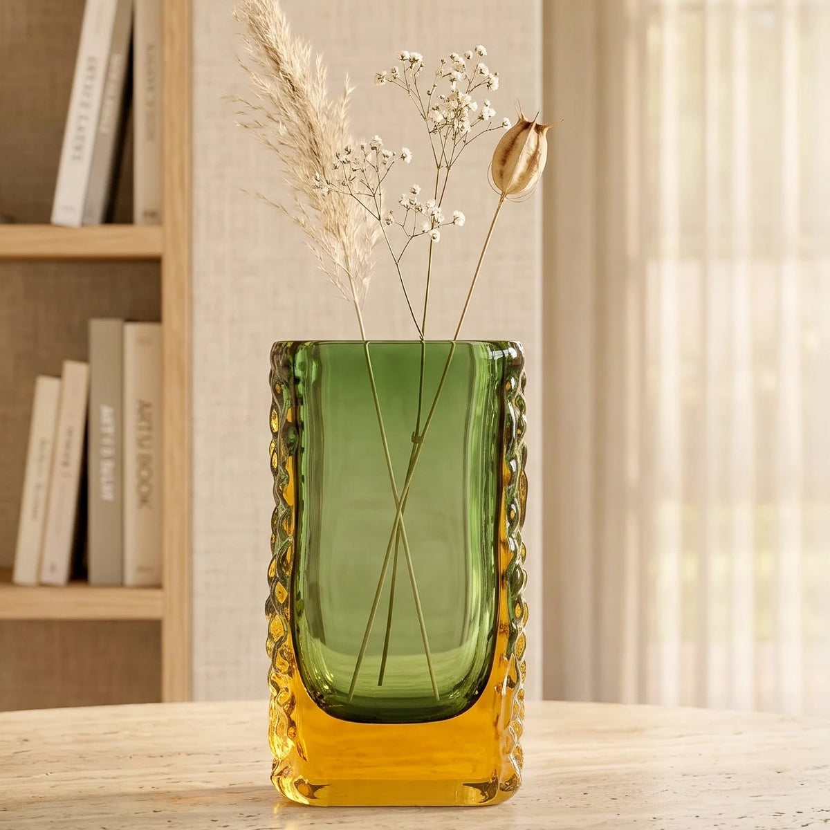 Sunset Gold textured glass vase with a translucent golden body and blue-tinted base