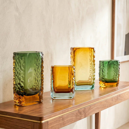 Sunset Gold textured glass vase with a translucent golden body and blue-tinted base