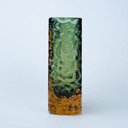 Olive green glass vase with a textured exterior and golden-toned base