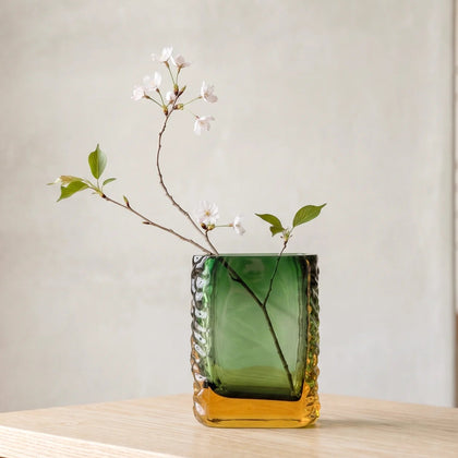 Sunset Gold textured glass vase with a translucent golden body and blue-tinted base