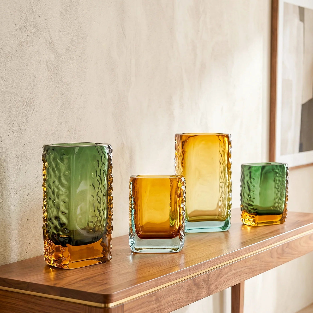 Sunset Gold textured glass vase with a translucent golden body and blue-tinted base
