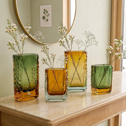 Sunset Gold textured glass vase with a translucent golden body and blue-tinted base