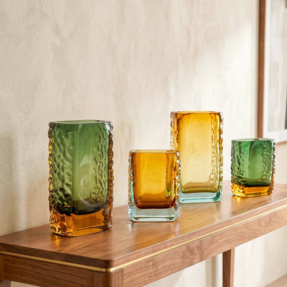 Sunset Gold textured glass vase with a translucent golden body and blue-tinted base