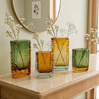 Sunset Gold textured glass vase with a translucent golden body and blue-tinted base