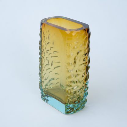 Sunset Gold textured glass vase with a translucent golden body and blue-tinted base