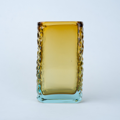 Sunset Gold textured glass vase with a translucent golden body and blue-tinted base