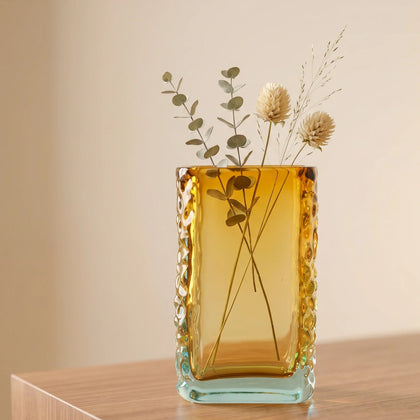 Sunset Gold textured glass vase with a translucent golden body and blue-tinted base