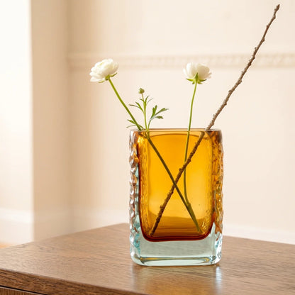 Sunset Gold textured glass vase with a translucent golden body and blue-tinted base
