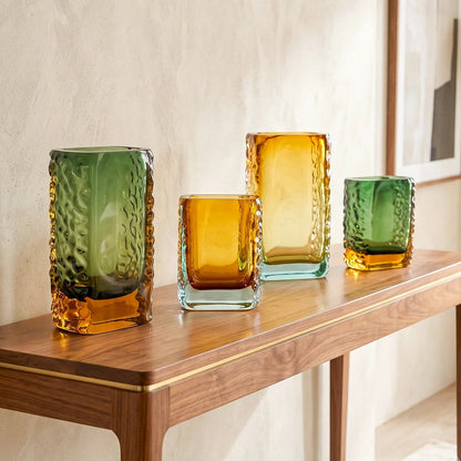 Sunset Gold textured glass vase with a translucent golden body and blue-tinted base