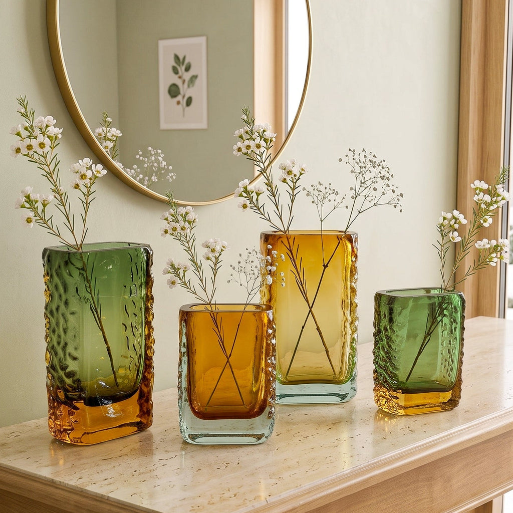 Sunset Gold textured glass vase with a translucent golden body and blue-tinted base