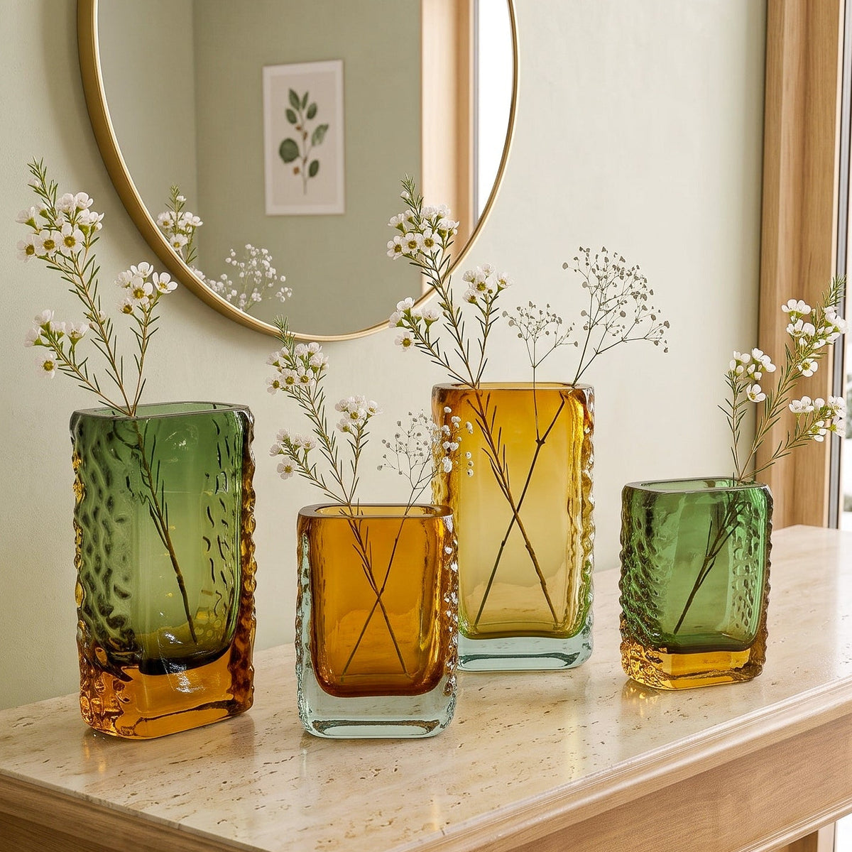 Sunset Gold textured glass vase with a translucent golden body and blue-tinted base