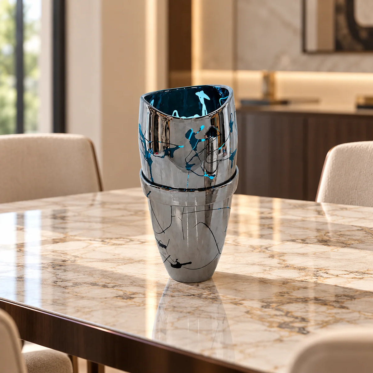 Mystic dark vase w/ roses & ferns, windowsill