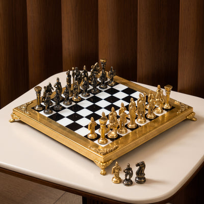 Royal Gold Chess Set for Adults, Luxury Decorative Chess Board with Ornate Gold Frame, Figurine-Style Gold and Black Chess Pieces for Home, Office, Study and Living Room