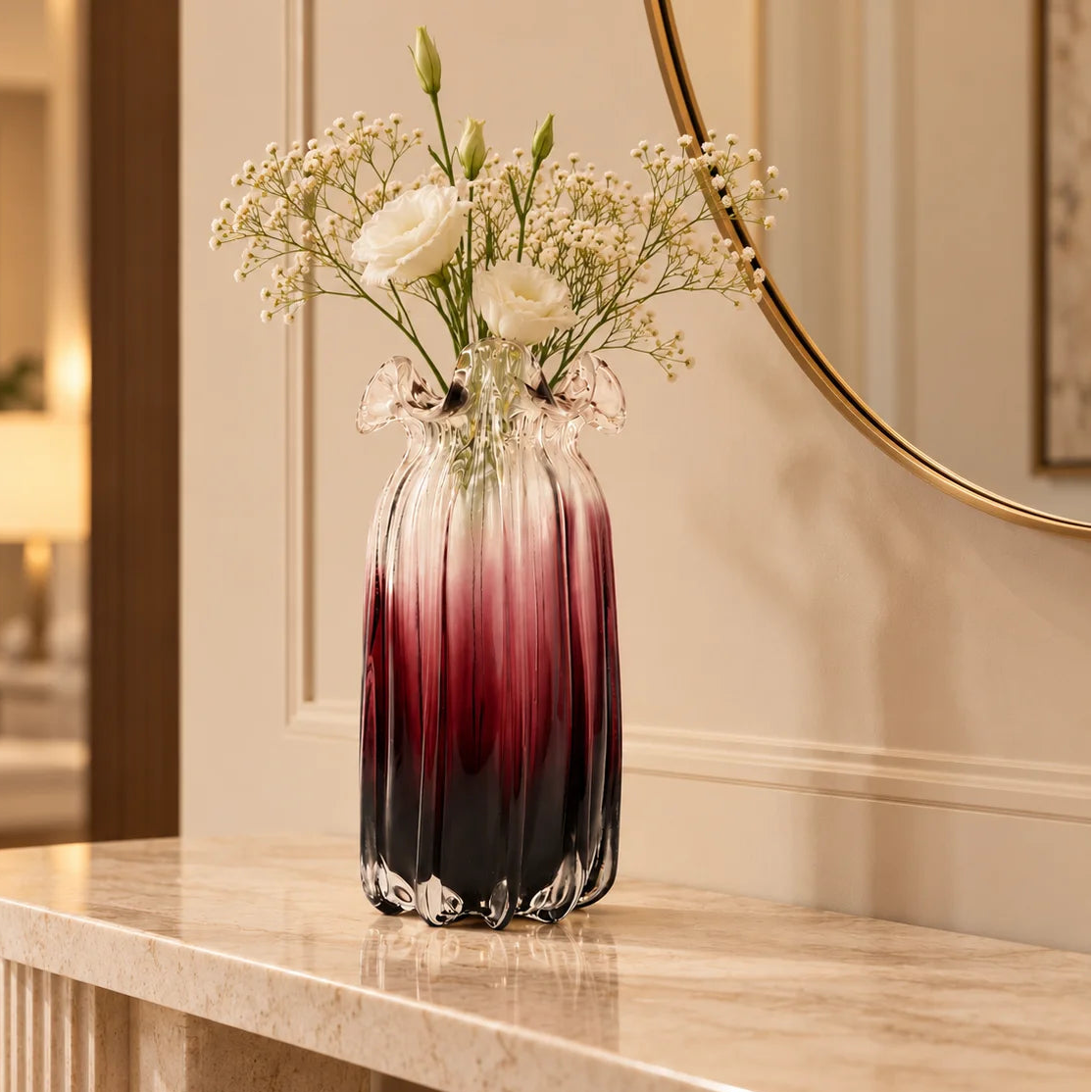 Blush and black ombre glass vase with ribbed texture and flared rim