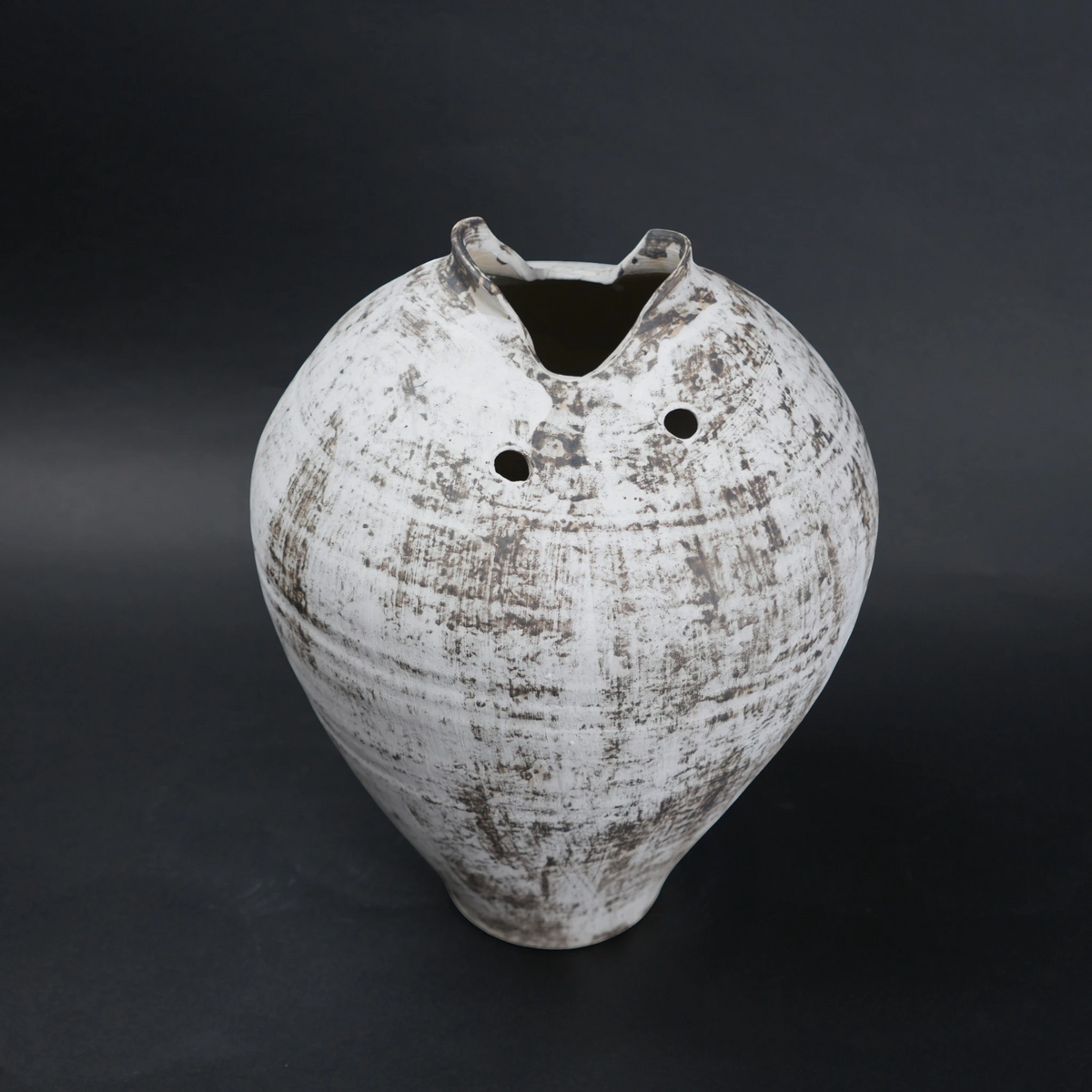 White distressed ceramic vase with rounded body and narrow base, featuring a textured rustic finish, dual side openings, and an uneven top rim, ideal for modern home decor and artistic styling.