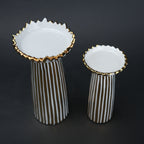 White ceramic candle holder with gold scalloped rim and fluted base for modern home decor styling