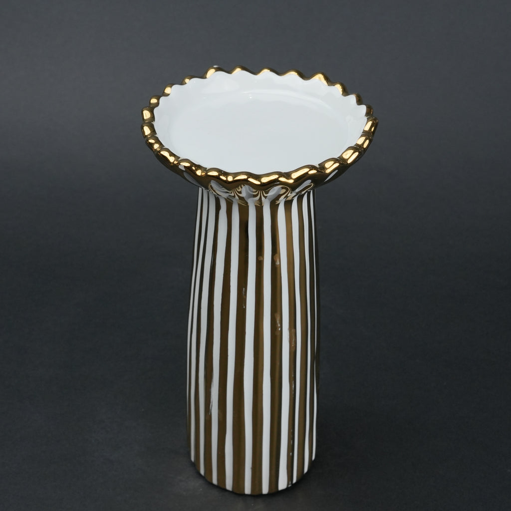 White ceramic candle holder with gold scalloped rim and fluted base for modern home decor styling
