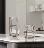 Ribbed vase pair empty, marble bath shelf