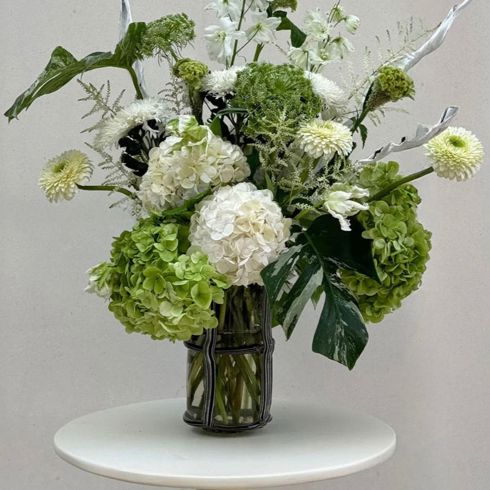 Ribbed vase w/ hydrangea & astilbe, pedestal