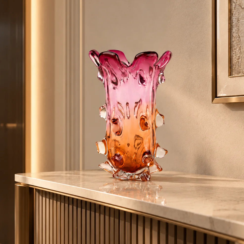 Pink and amber gradient glass vase with sculpted textured design for modern home decor