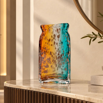 Tall rectangular dual-tone teal and amber glass vase with bubble-textured surface.