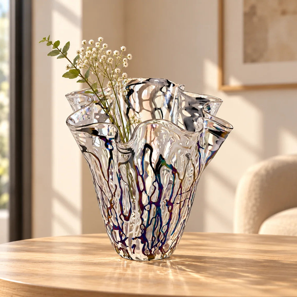 Aurora vase ruffled rim close-up, oil-slick