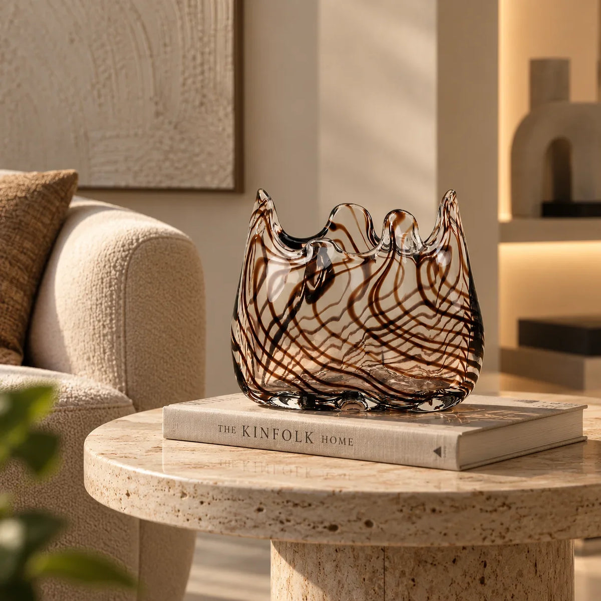 Luxury hand-blown decorative glass vase featuring an organic freeform silhouette with artistic black and brown striped detailing, ideal for fresh flowers, dried botanicals and modern home décor.