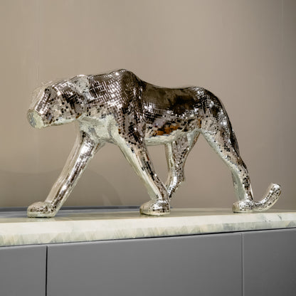 Chrome silver panther decor object in dynamic walking pose
